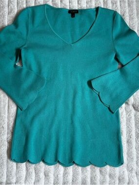 Talbots Teal V-Neck Sweater with Scalloped Edges